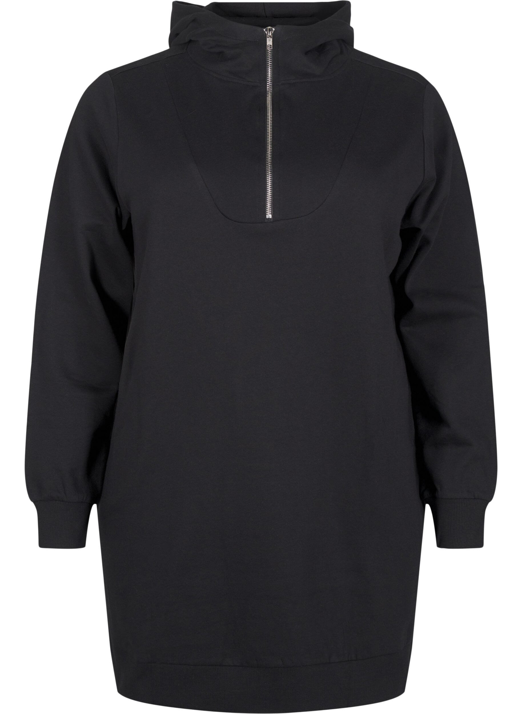 Zizzi Sweat tunika med h&aelig;tte og lynl&aring;s, Black, Packshot image number 0