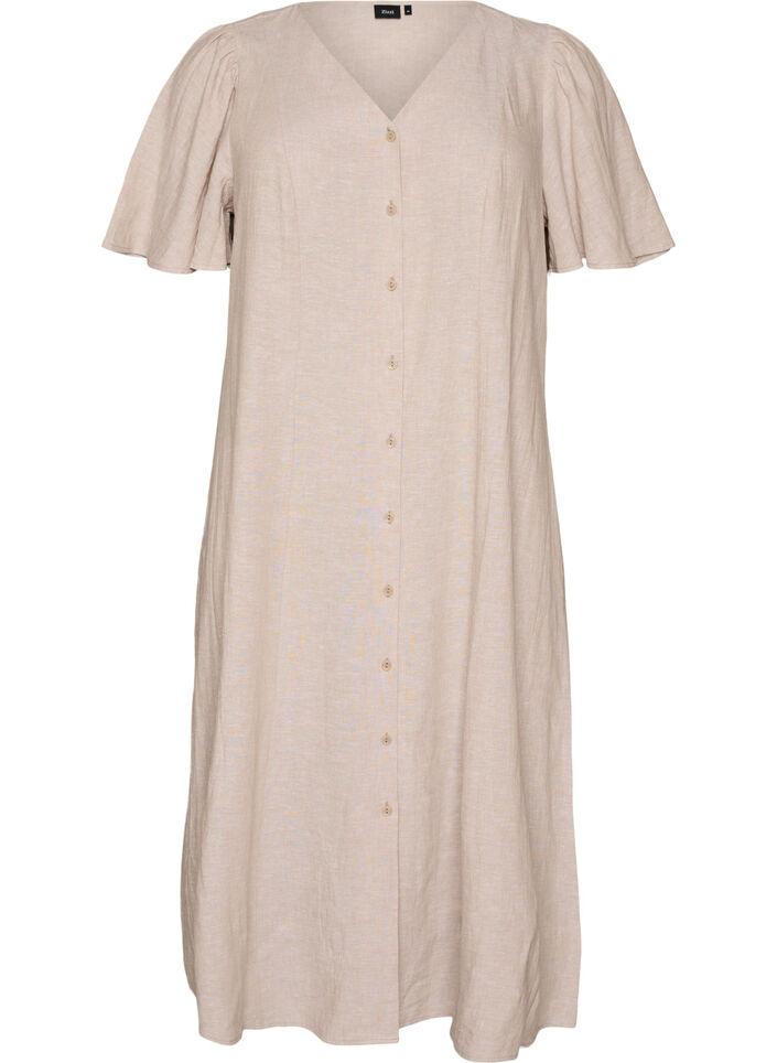 Midikjole i h&oslash;r og viskose med fl&aelig;se&aelig;rmer, Beige, Packshot image number 0