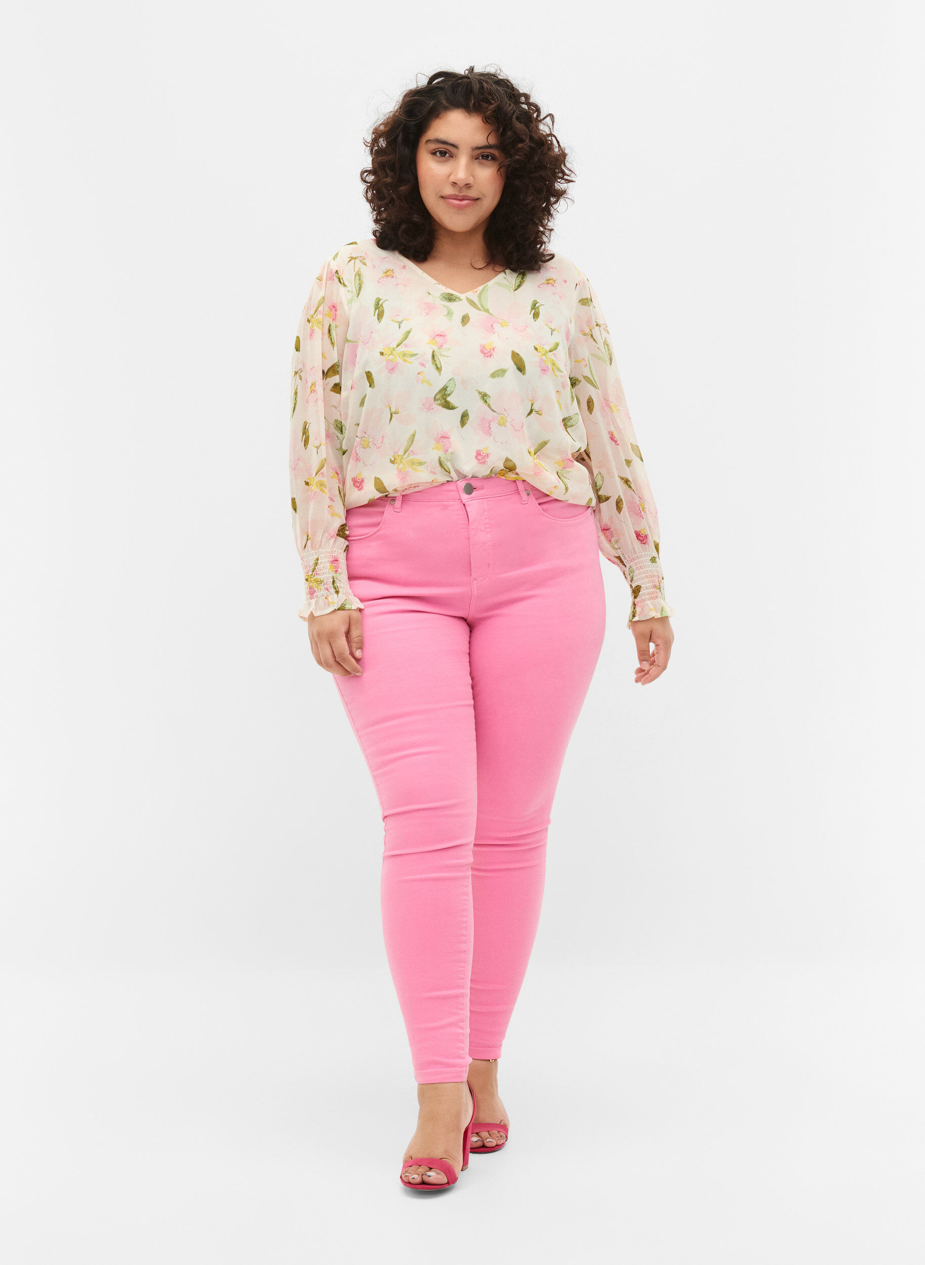 Zizzi H&oslash;jtaljede Amy jeans med super slim fit, Rosebloom, Model image number 0