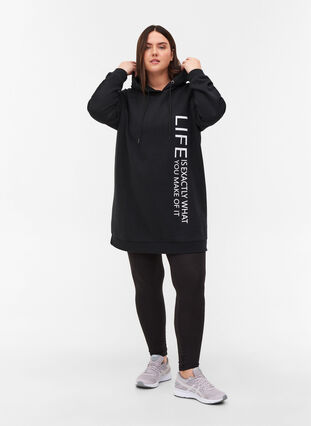 Lang sweatshirt med hætte og printdetaljer, Black, Model image number 2