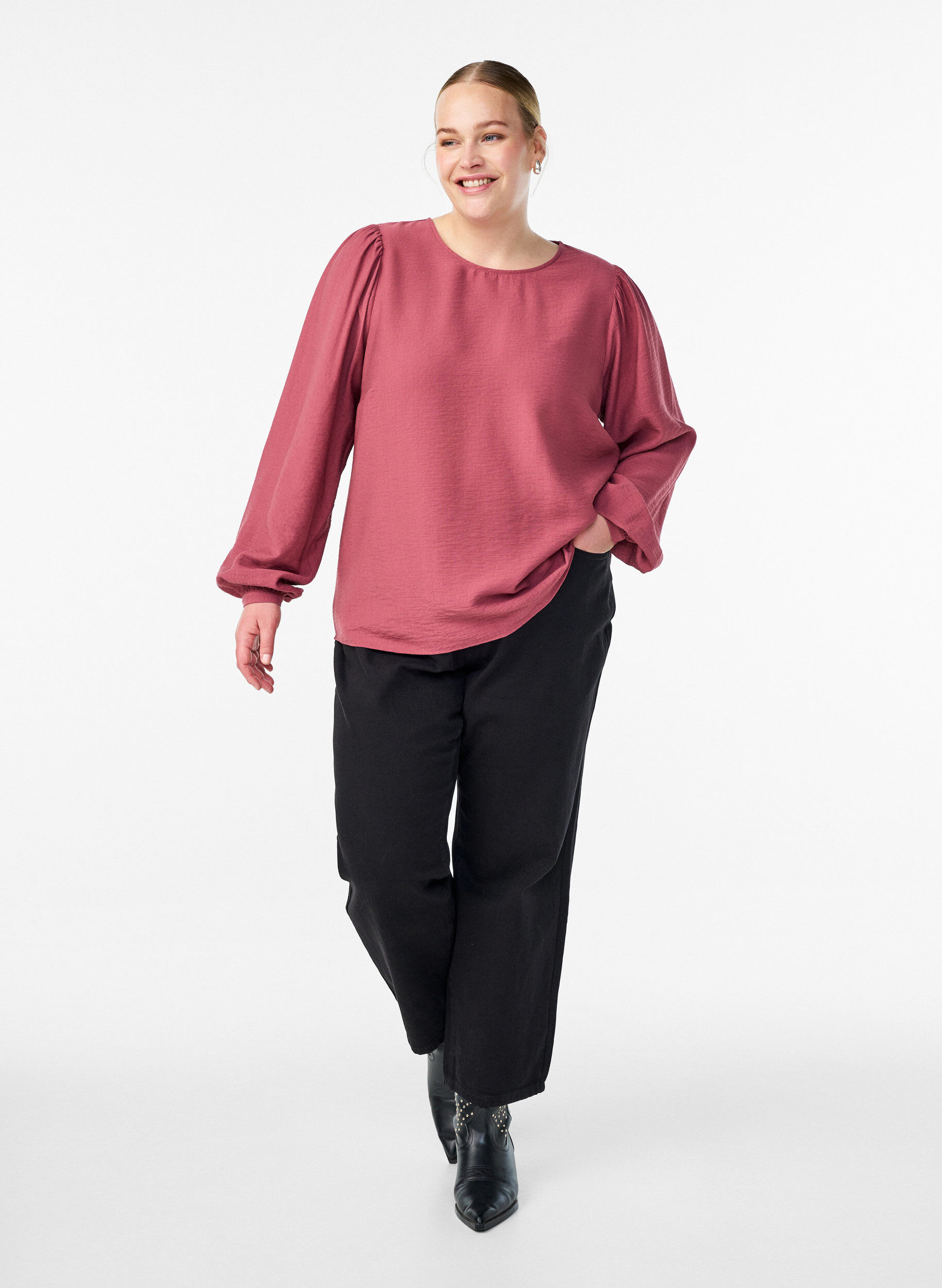 Zizzi Viskosebluse med lange &aelig;rmer, Lyser&oslash;d, Model image number 1