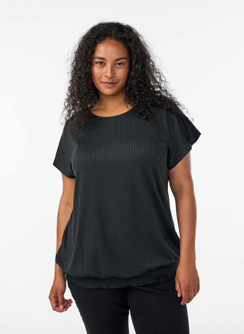 Jerseybluse med strukturstriber og smockkant, Sort, Model image number 0