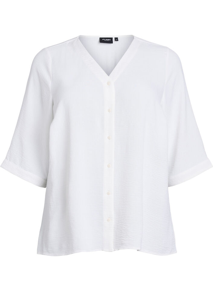 Skjortebluse med V-udsk&aelig;ring og 3/4-&aelig;rmer, Vanilla, Packshot image number 0