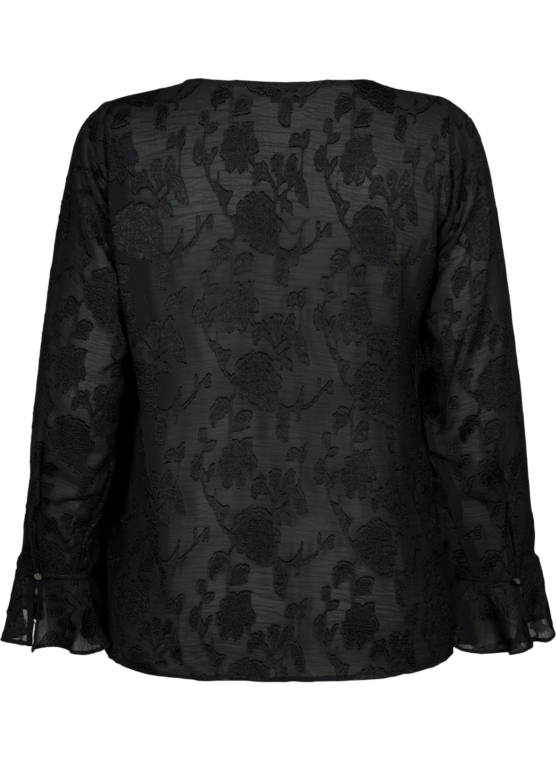Zizzi Lang&aelig;rmet skjorte med jacquard look, Black, Packshot image number 1