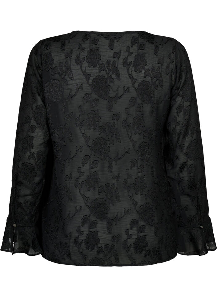Langærmet skjorte med jacquard look, Black, Packshot image number 1