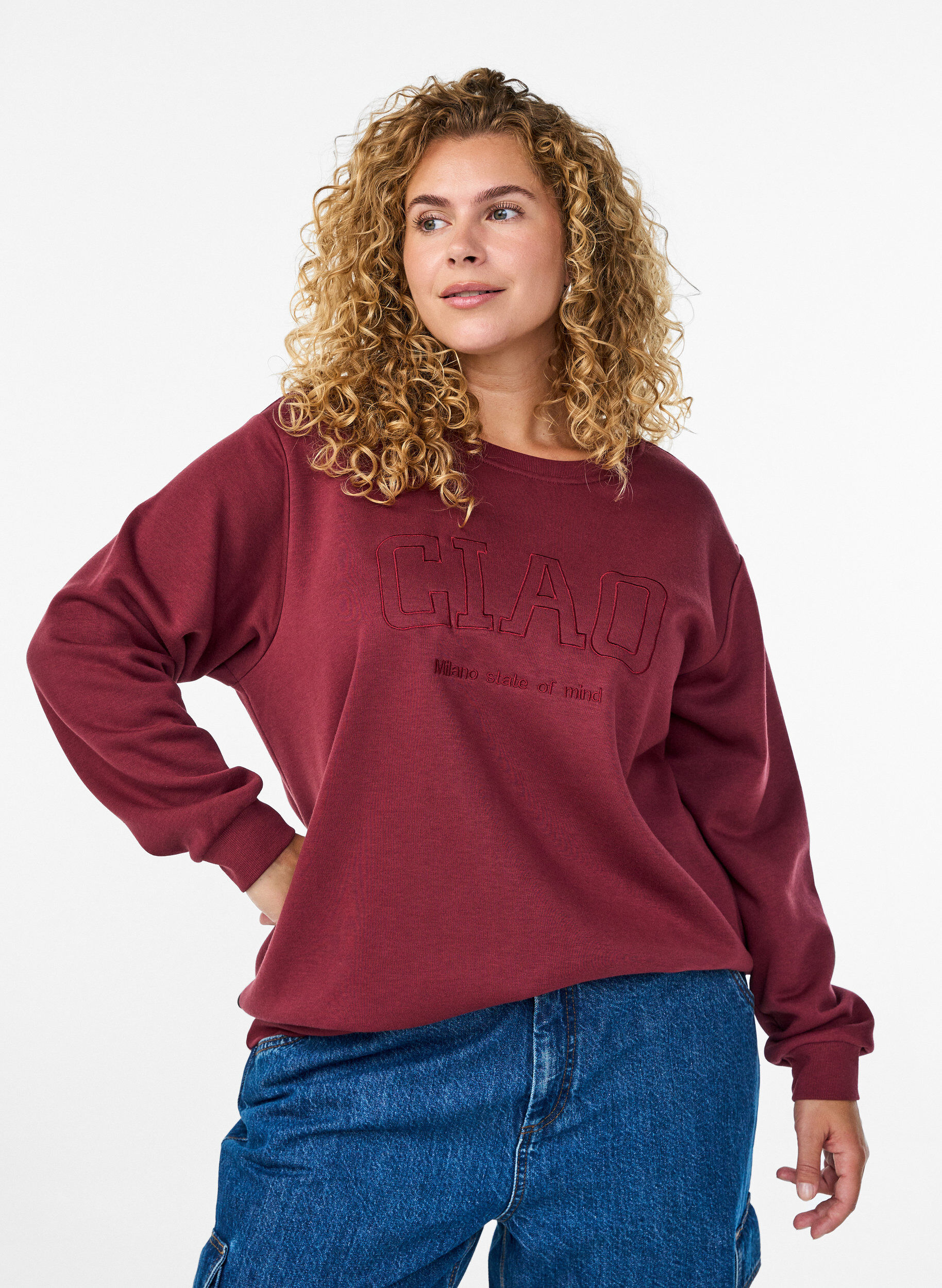 Sweatshirt med broderet Milano-motiv, M&oslash;rk Bordeaux, Model