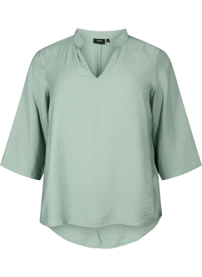 Ensfarvet bluse med 3/4 ærmer, Chinois Green, Packshot image number 0