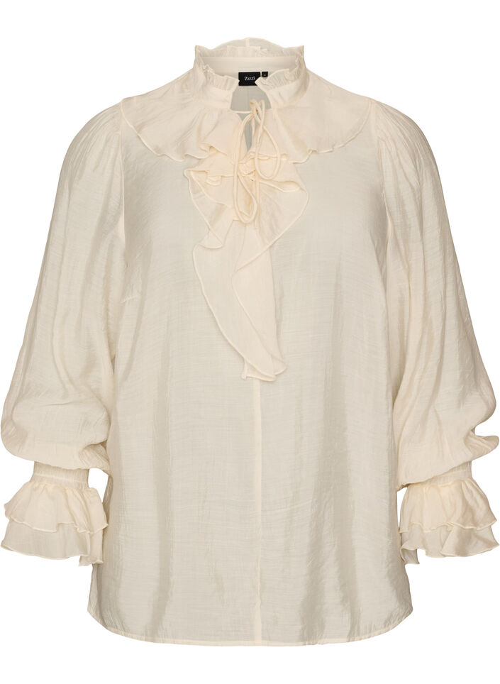 Bluse i viskose med fl&aelig;ser og lange &aelig;rmer, Vanilla, Packshot image number 0
