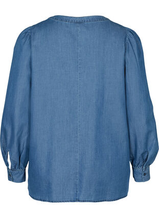 Bluse med lange pufærmer og knapper, Blue denim, Packshot image number 1