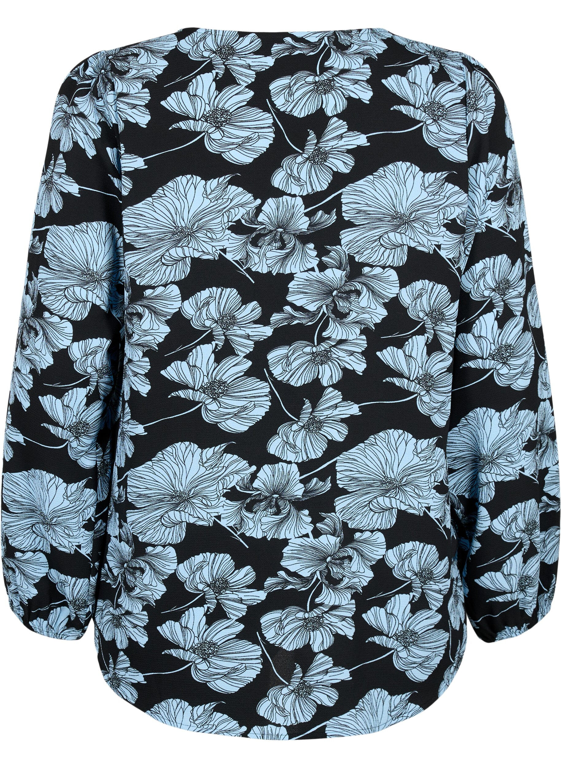 Zizzi Skjortebluse med v-hals og print, Black B. Flower AOP, Packshot image number 1
