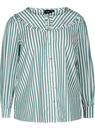 Stribet skjorte i bomuld, Green Stripe , Packshot image number 0