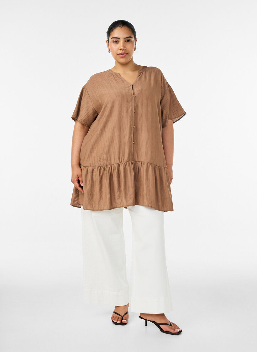 L&oslash;s tunika med kr&oslash;llet struktur og fl&aelig;sekant, Brun, Model image number 1