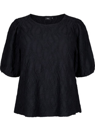 Bluse med tekstur og korte ærmer, Black, Packshot image number 0