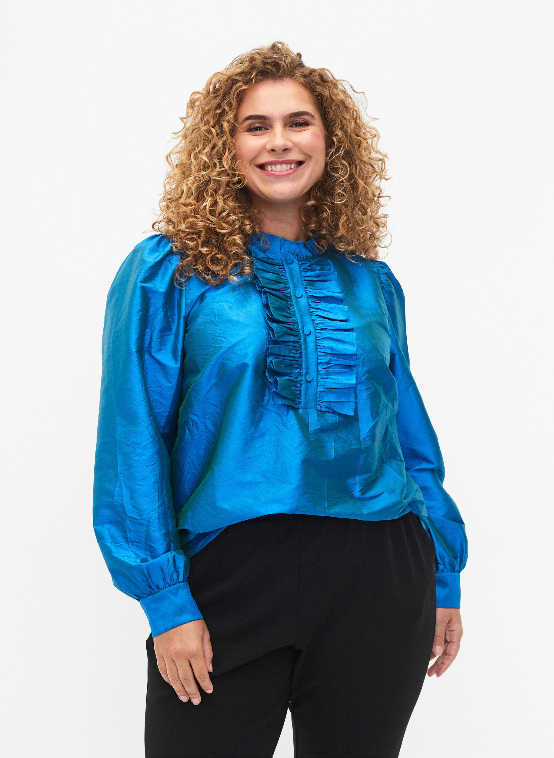 Zizzi Shiny skjortebluse med fl&aelig;ser, Diva Blue, Model image number 0