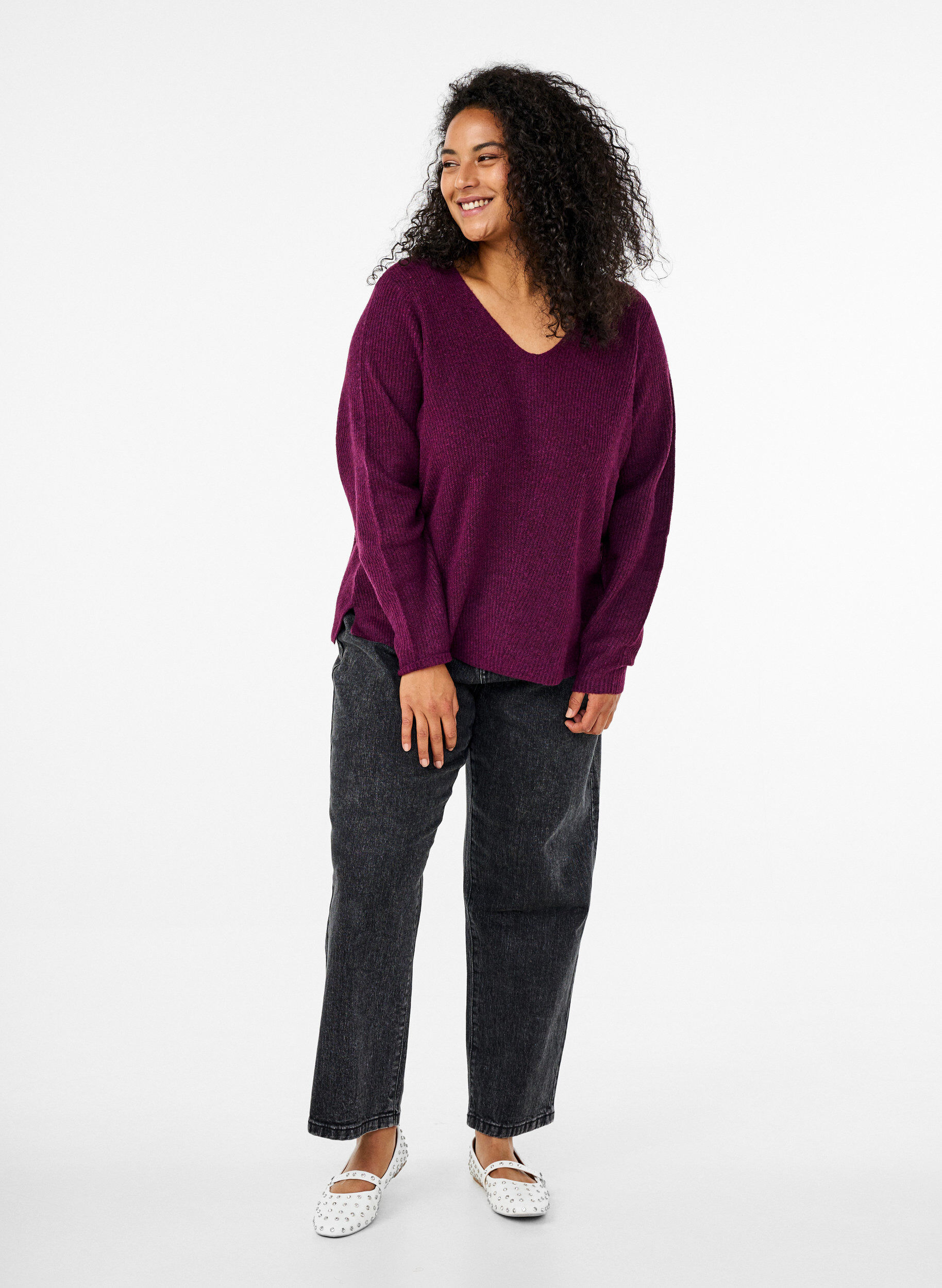 Zizzi Strikbluse med v-hals og lange &aelig;rmer, Potent P. Black Mel., Model image number 2