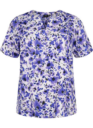 Bluse med korte ærmer og v-udskæring, Purple Small Flower, Packshot image number 0