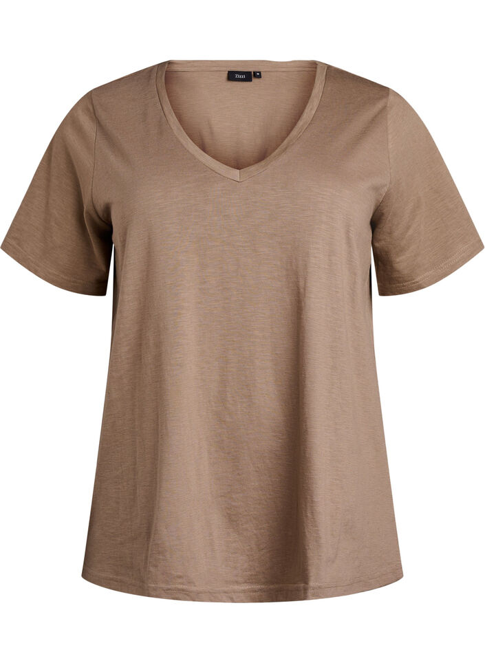Kort&aelig;rmet basis t-shirt med v-hals, Brun, Packshot image number 0
