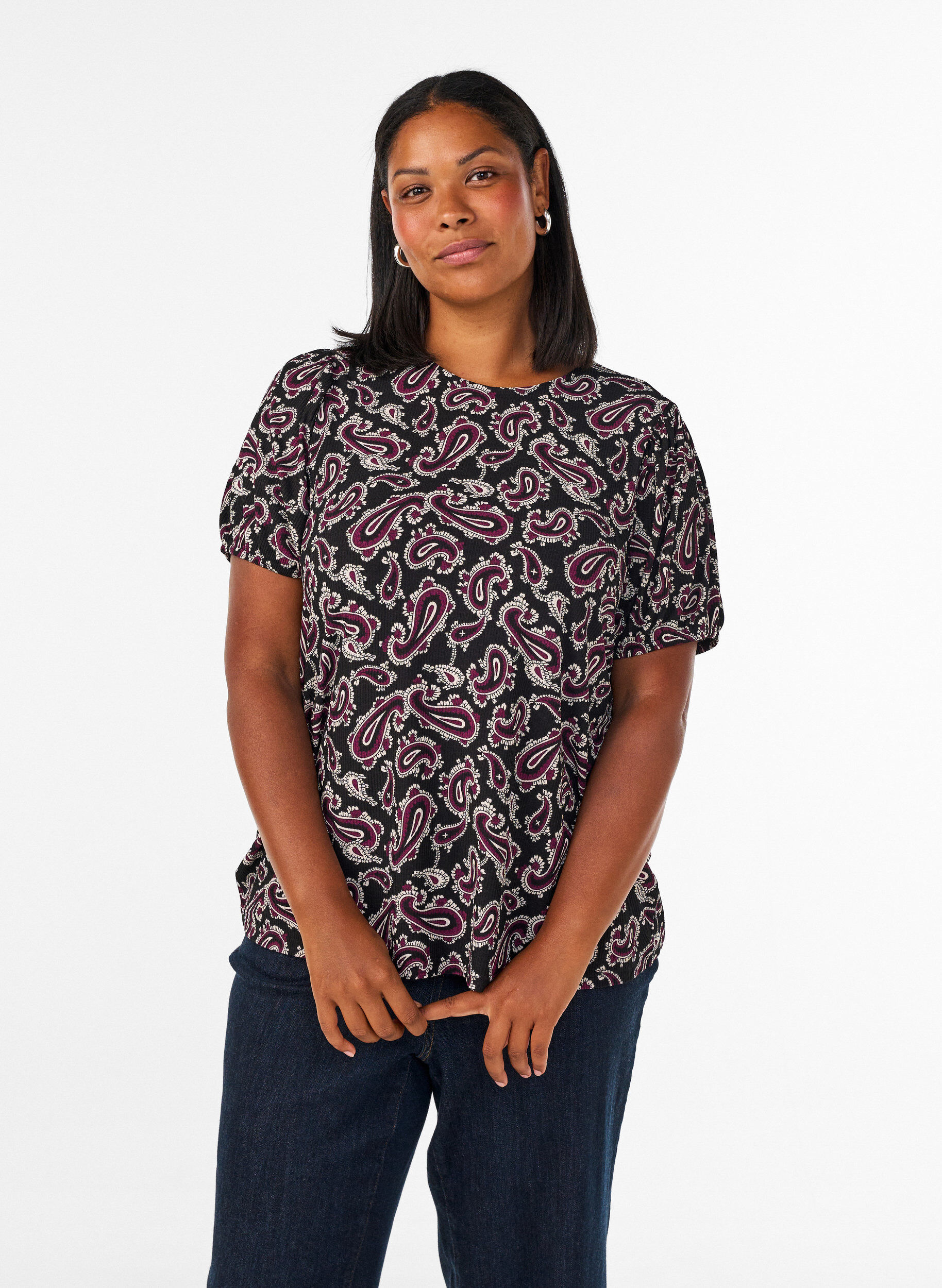 Bluse med lange &aelig;rmer og paisleyprint, M&oslash;rk Bordeaux, Model