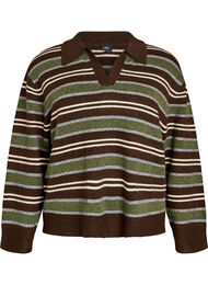 Strikbluse med striber og polokrave, Brun