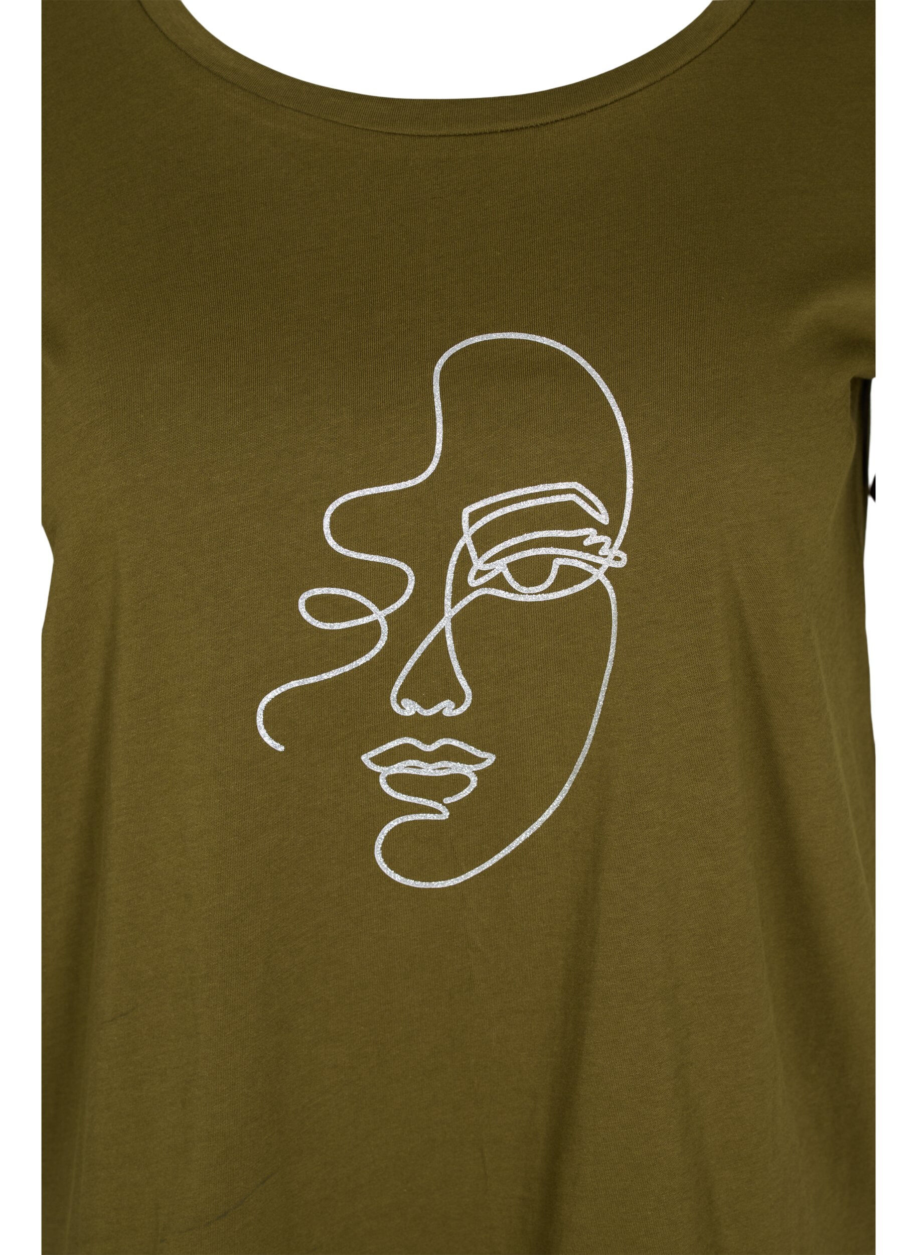 Zizzi T-shirt med glimmer print i bomuld, Ivy G. Shimmer Face, Packshot image number 2