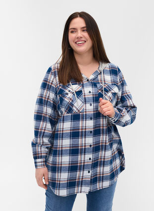 Ternet skjortejakke med hætte, Blue White Check, Model image number 0
