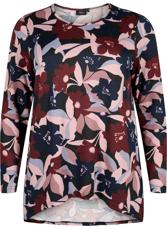 Blomstret bluse med lange ærmer, Black Rose Flower, Packshot image number 0