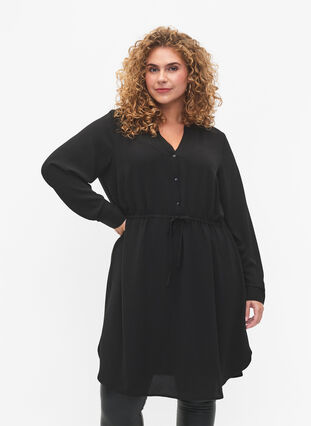 Printet kjole med snøre i taljen, Black, Model image number 0
