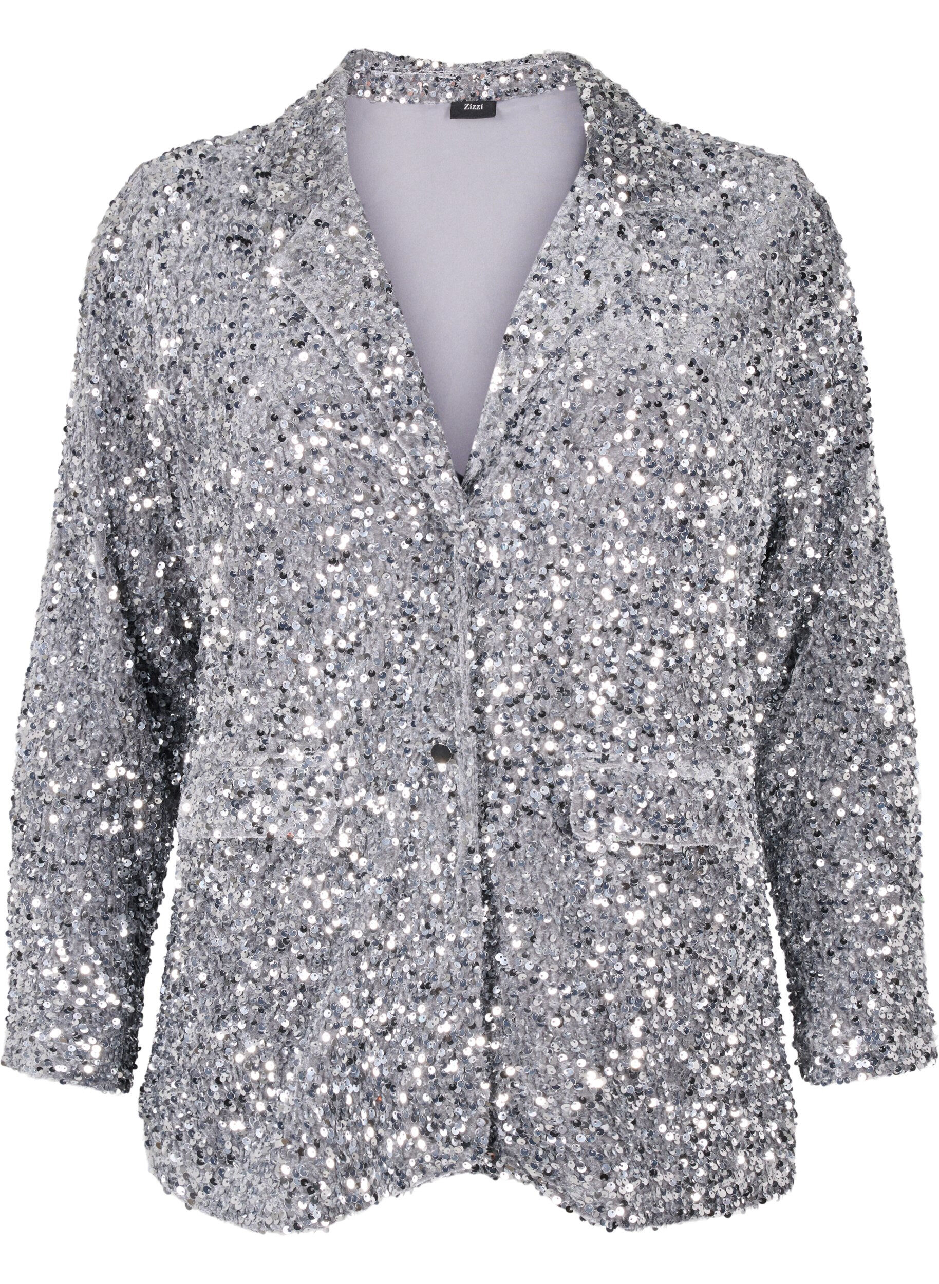 Zizzi L&oslash;s paillet blazer med lommer, Silver, Packshot image number 0
