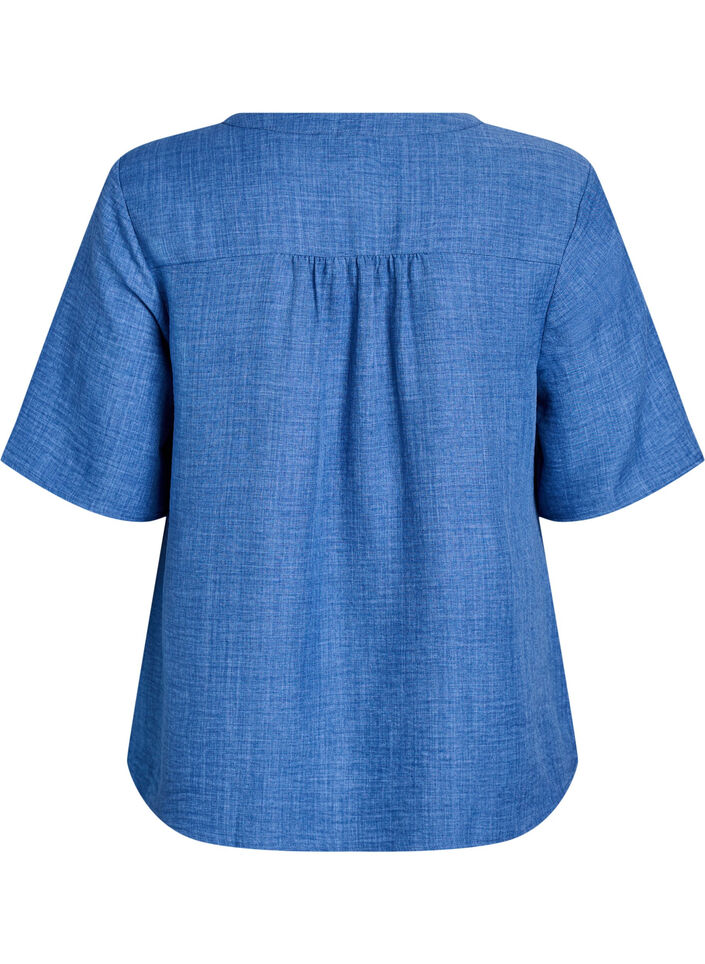 Skjortebluse med v-hals og korte &aelig;rmer, Bl&aring;, Packshot image number 1