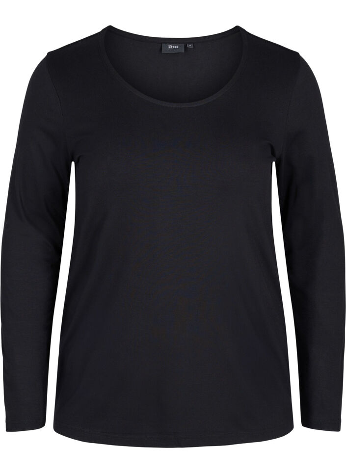 Ensfarvet basis bluse i bomuld, Solid Black, Packshot image number 0