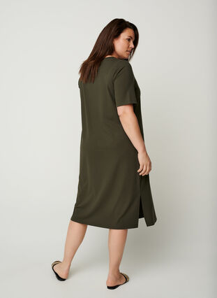 Rib kjole med korte ærmer, Dark Green, Model image number 1