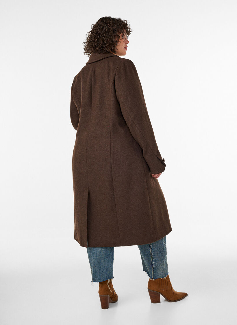 Frakke i uldblanding med revers og knapper, Brun, Model