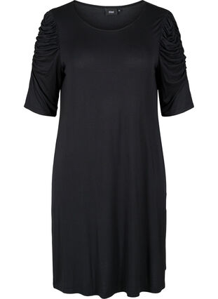 Ensfarvet kjole i viskose med 2/4 ærmer, Black, Packshot image number 0