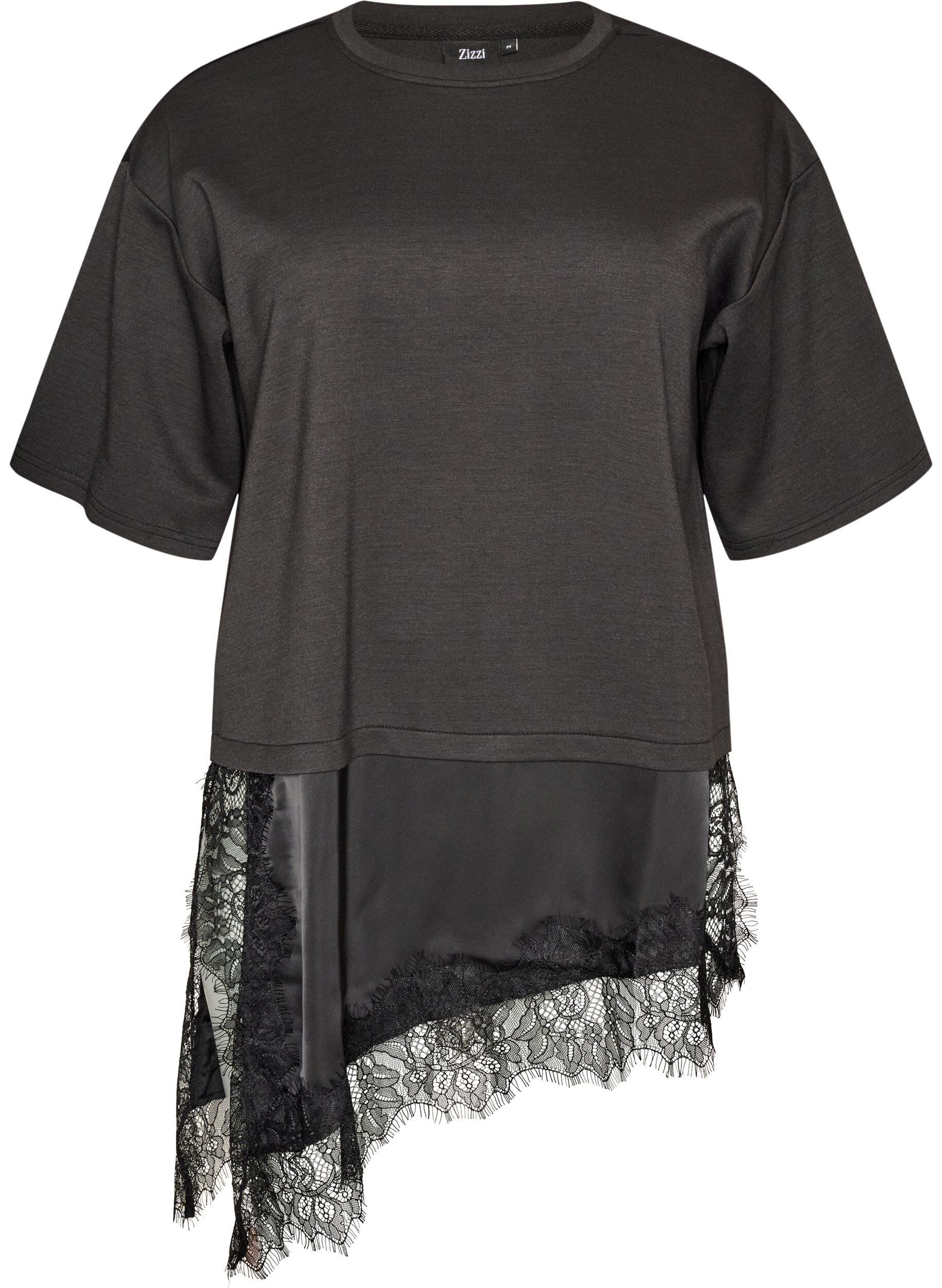 ZizziJerseybluse med lag-p&aring;-lag-look og blonde, Sort, Packshot image number 0