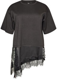 Jerseybluse med lag-p&aring;-lag-look og blonde, Sort