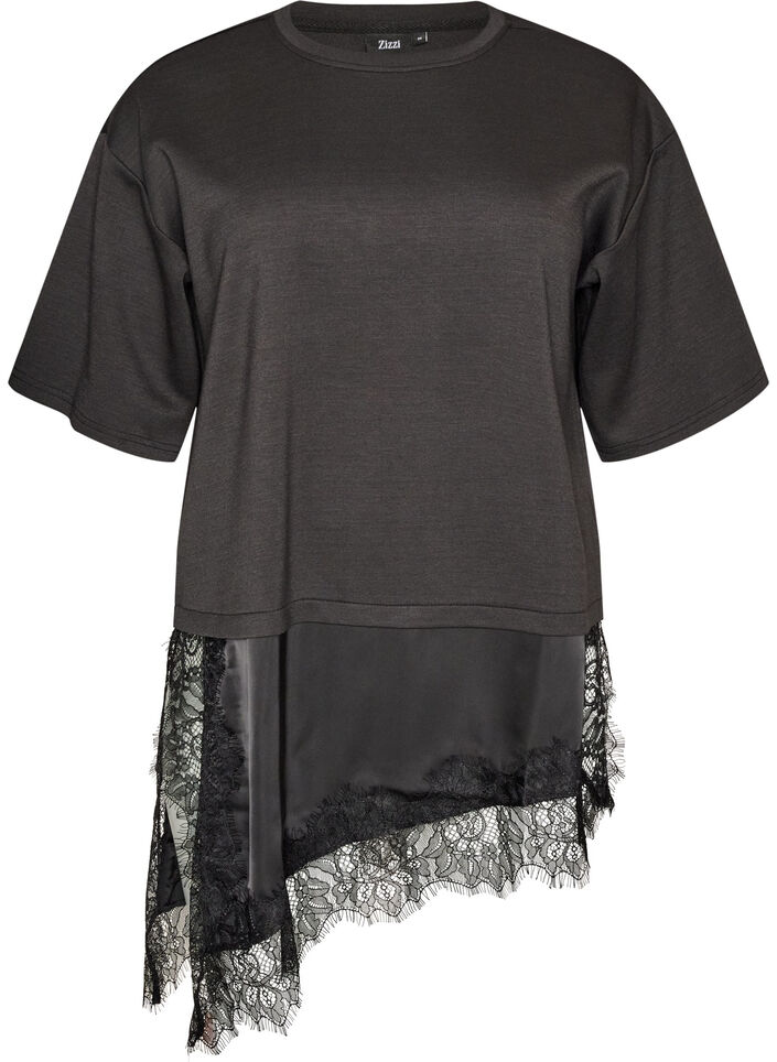 Jerseybluse med lag-p&aring;-lag-look og blonde, Sort, Packshot image number 0