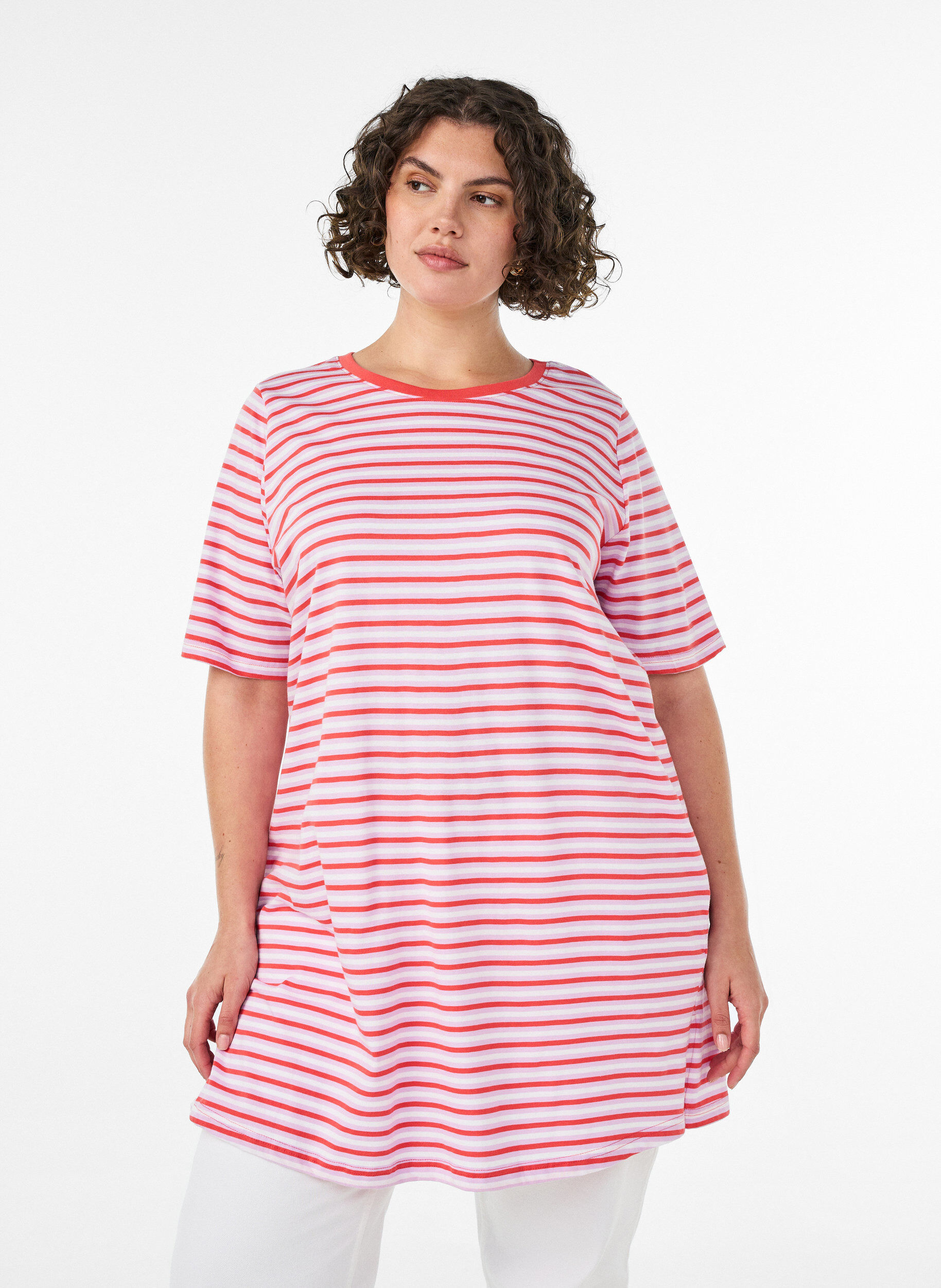 ZizziLang oversize T-shirt i &oslash;kologisk bomuld med striber, Lilla, Model image number 0