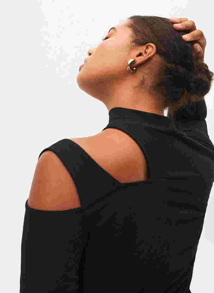 Langærmet bluse med udskæringer, Black, Model image number 3