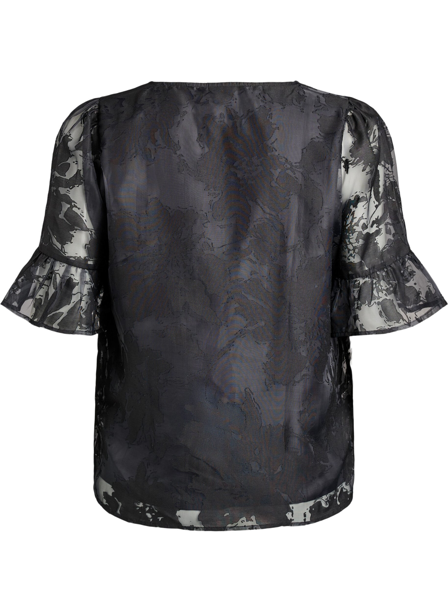 Zizzi Festbluse i organza-look med tone-i-tone m&oslash;nster, Sort, Packshot image number 1