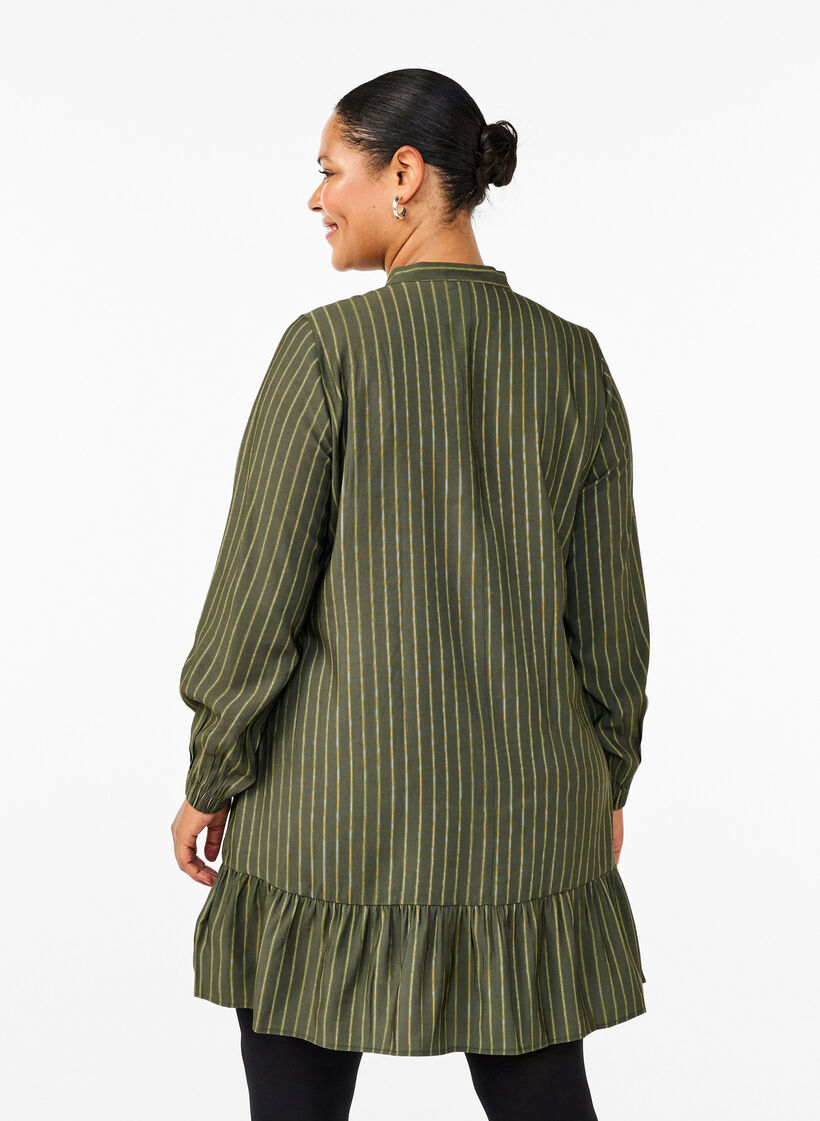 Kort stribet kjole med flæsedetalje, Thyme Stripe AOP, Model image number 1