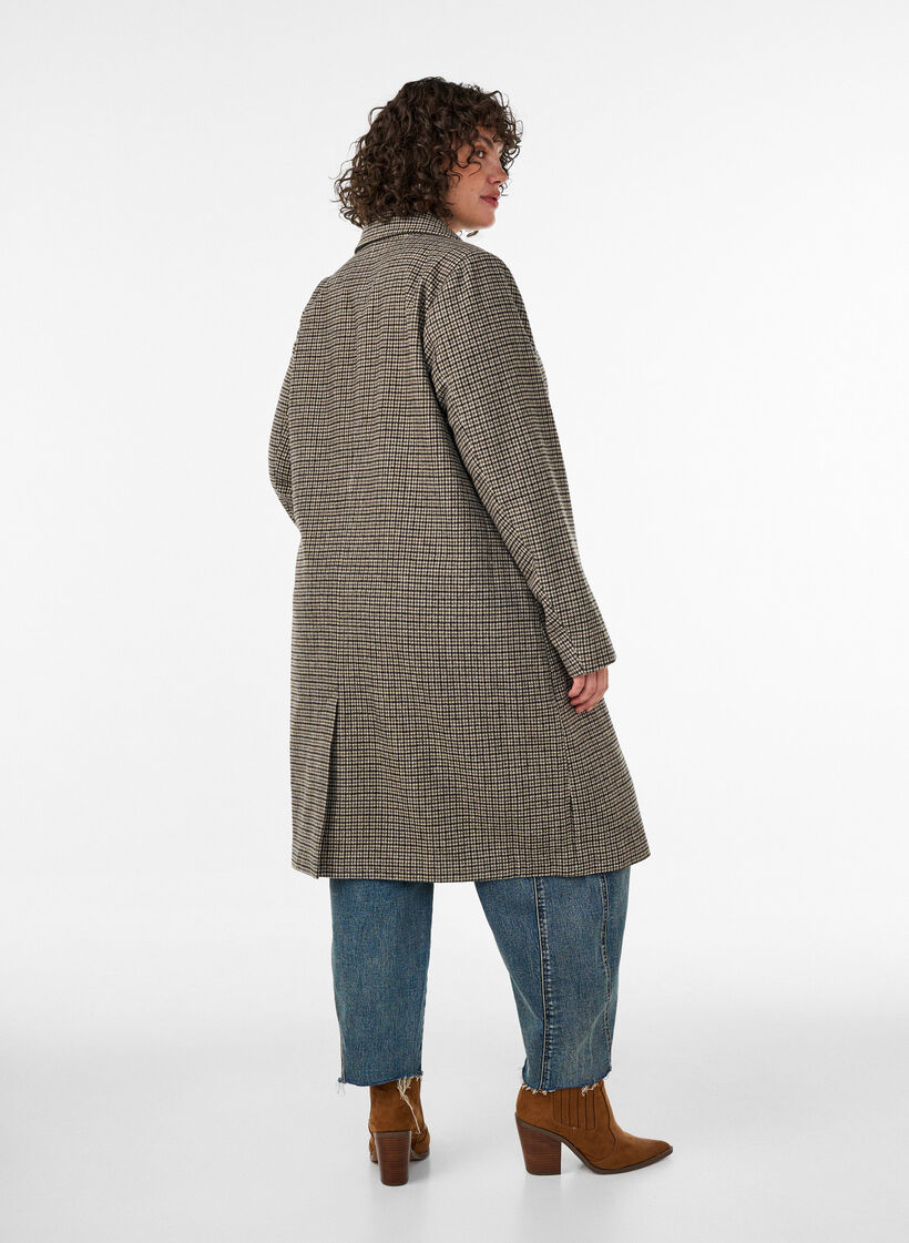 Mellemlang frakke med ternet m&oslash;nster, Brun, Model image number 2