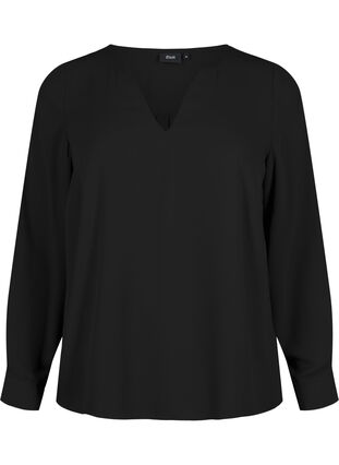 Langærmet bluse med rynker på ryggen, Black, Packshot image number 0