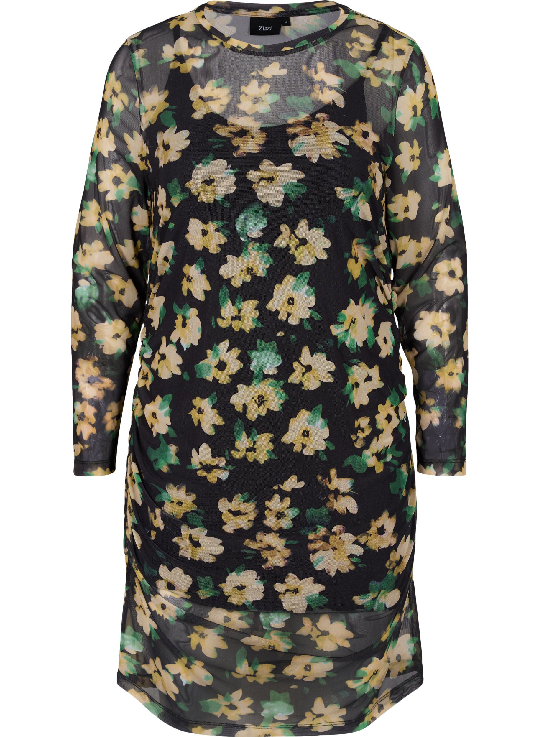 Zizzi T&aelig;tsiddende mesh kjole med 3/4 &aelig;rmer, Yellow Green AOP, Packshot image number 0