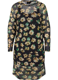 T&aelig;tsiddende mesh kjole med 3/4 &aelig;rmer, Yellow Green AOP