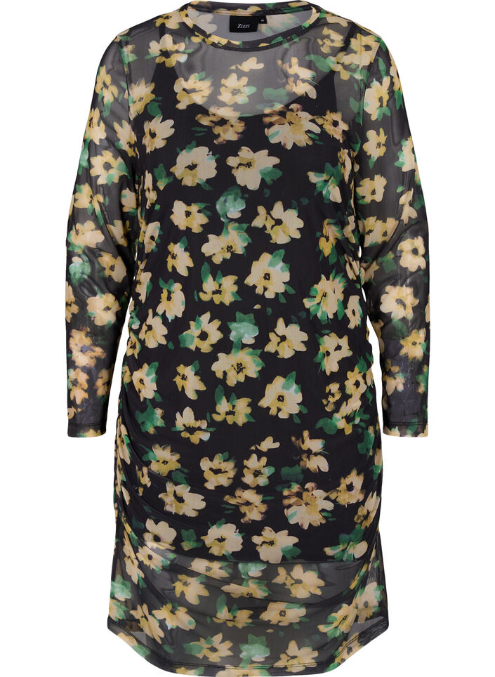 T&aelig;tsiddende mesh kjole med 3/4 &aelig;rmer, Yellow Green AOP, Packshot image number 0