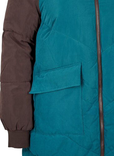 Lang colorblock vinterjakke med hætte, Deep Teal Comb, Packshot image number 3