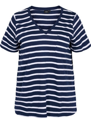 Stribet bomulds t-shirt med v-udskæring, Navy B White Stripe, Packshot image number 0