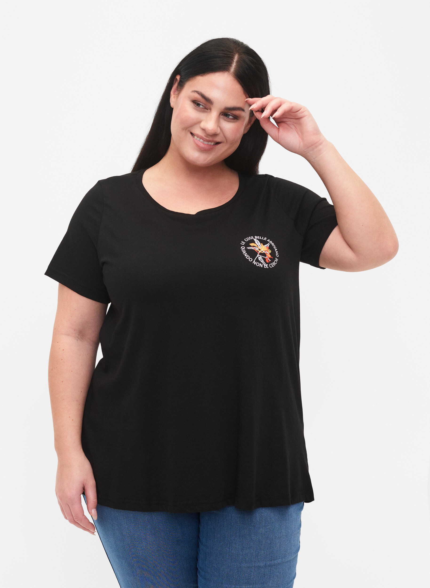Zizzi Bomulds t-shirt med fronttryk, Black W. Chest print, Model image number 0