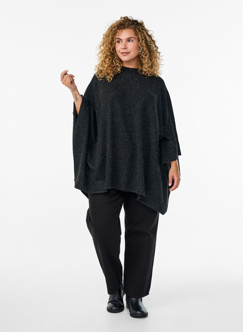 Poncho med ribdetaljer og rund hals, Grå, Model image number 1