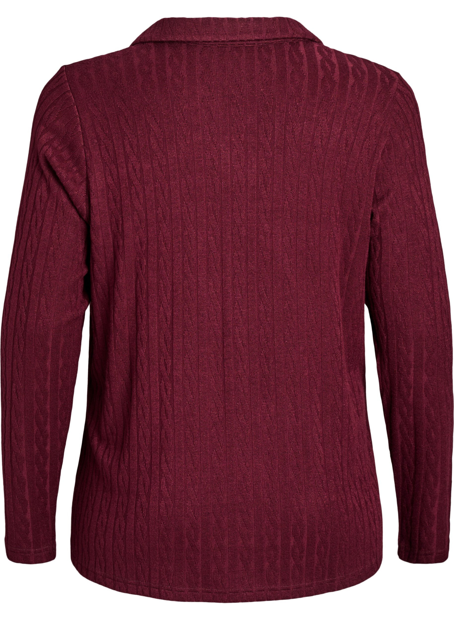 Zizzi Jerseybluse med krave og kabelm&oslash;nster, M&oslash;rk Bordeaux, Packshot image number 1